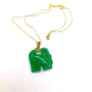 14k Gold Jade Elephant Pendant Garnet Eye Necklace Vintage